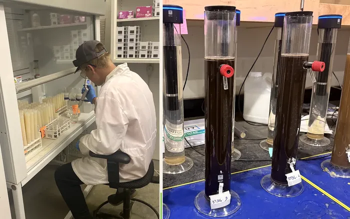 Next Level Ag lab technician pipetting samples next to soil texture hydrometer cylinders