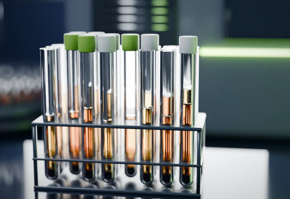 Illustration of soil extract samples in glass test tubes on a lab bench, with an analyzer and autosampler behind them