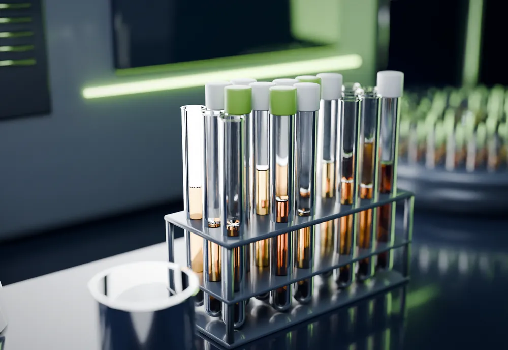 Illustration of soil extract samples in glass test tubes and an autosampler tray in front of a lab analyzer