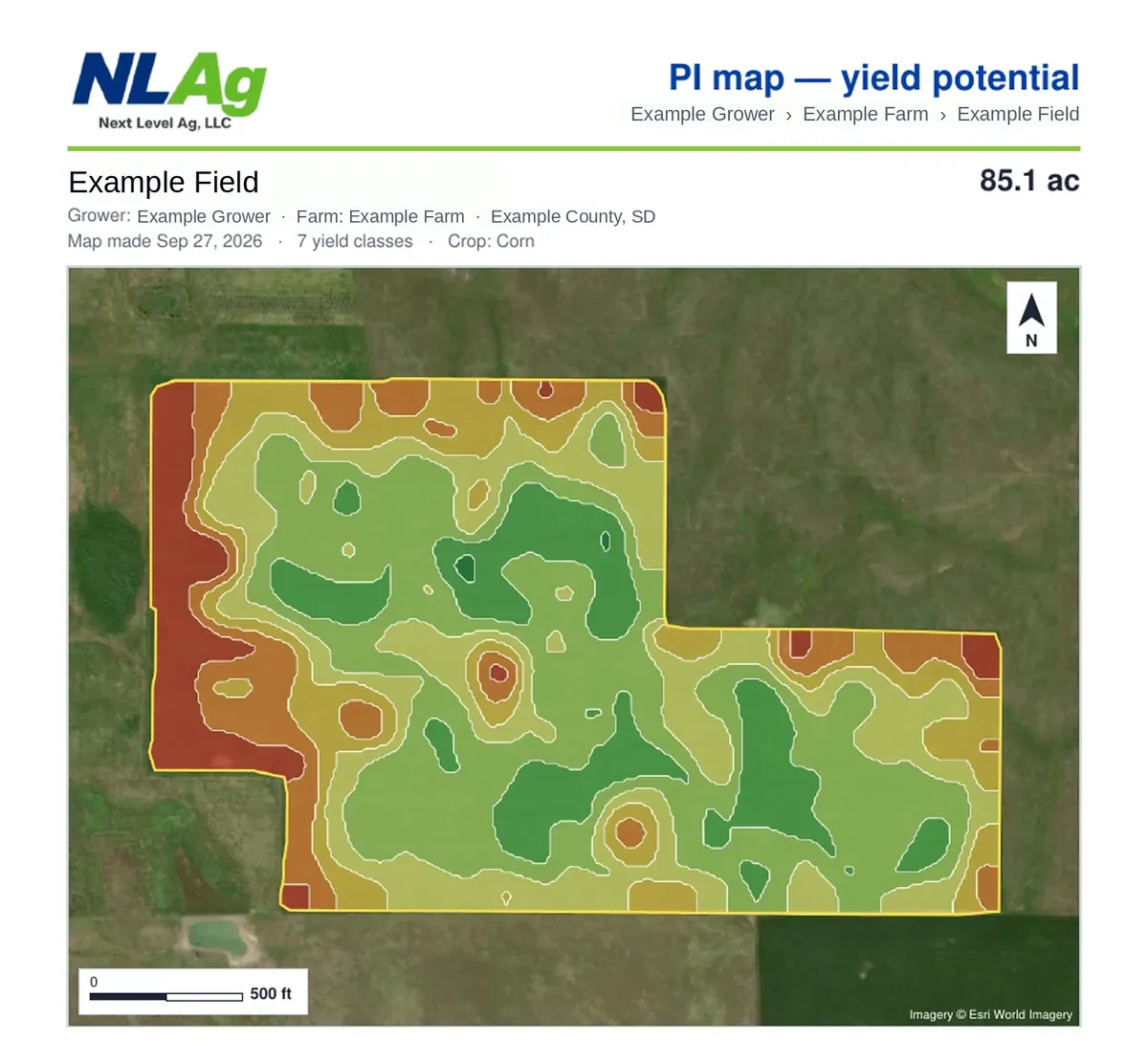 Example yield potential map report showing yield classes across an example field
