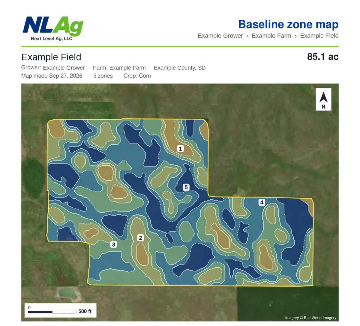 Example Baseline zone map report for an 85-acre example field split into five zones