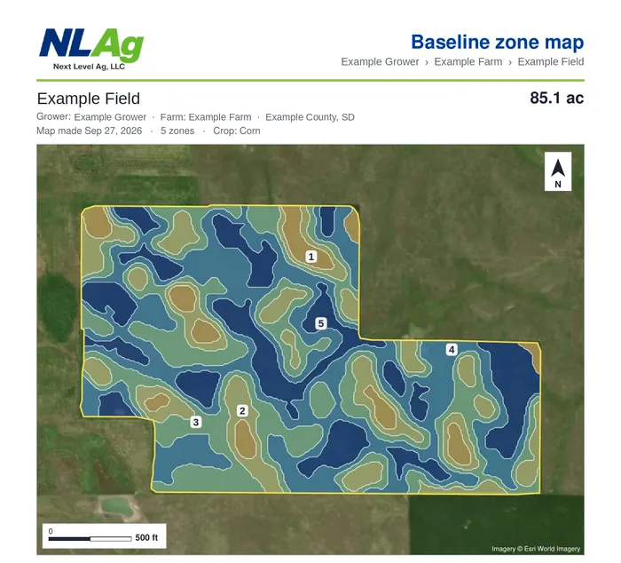 Example Baseline zone map report for an example field, with zones drawn over satellite imagery
