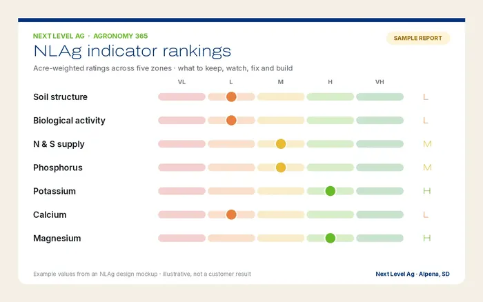 Sample report showing indicator rankings for soil structure, biology, N and S, P, K, Ca and Mg